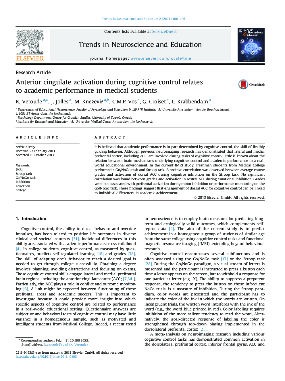 Anterior cingulate activation during cognitive control relates to academic performance in medical students