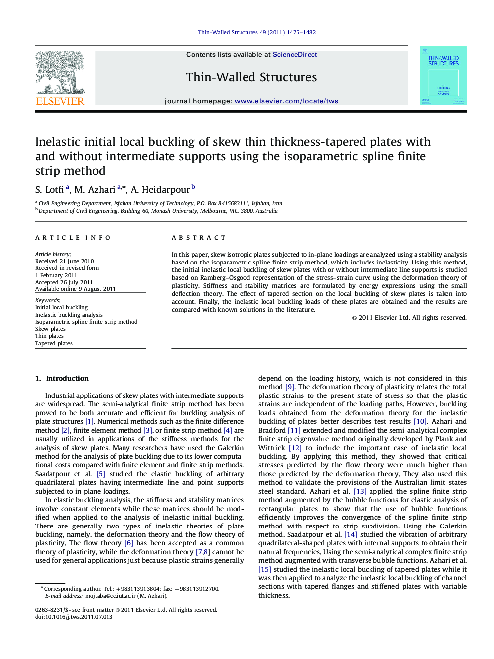 Inelastic initial local buckling of skew thin thickness-tapered plates with and without intermediate supports using the isoparametric spline finite strip method