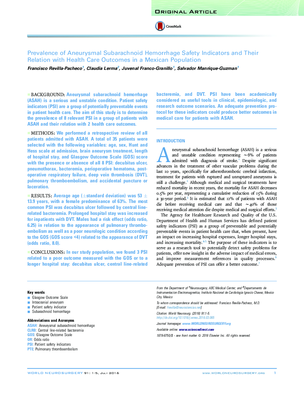 Prevalence of Aneurysmal Subarachnoid Hemorrhage Safety Indicators and Their Relation with Health Care Outcomes in a Mexican Population 