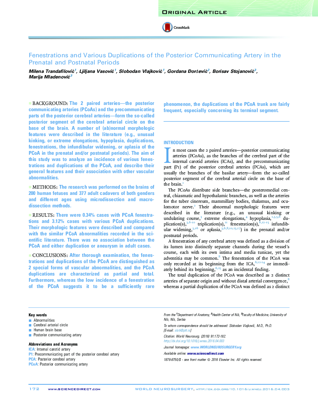 Fenestrations and Various Duplications of the Posterior Communicating Artery in the Prenatal and Postnatal Periods 