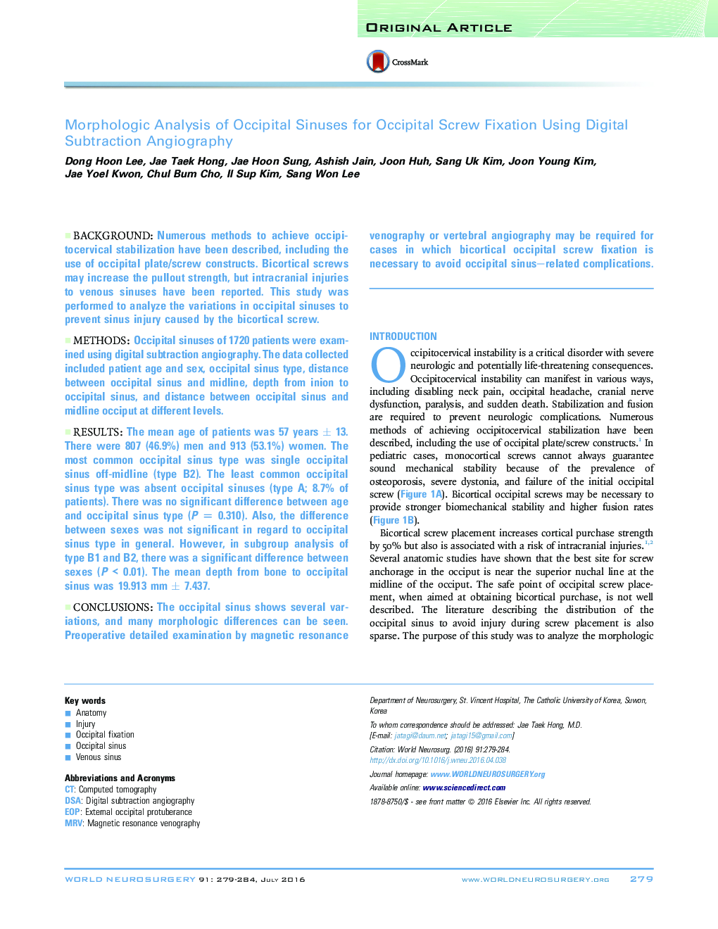 Morphologic Analysis of Occipital Sinuses for Occipital Screw Fixation Using Digital Subtraction Angiography 