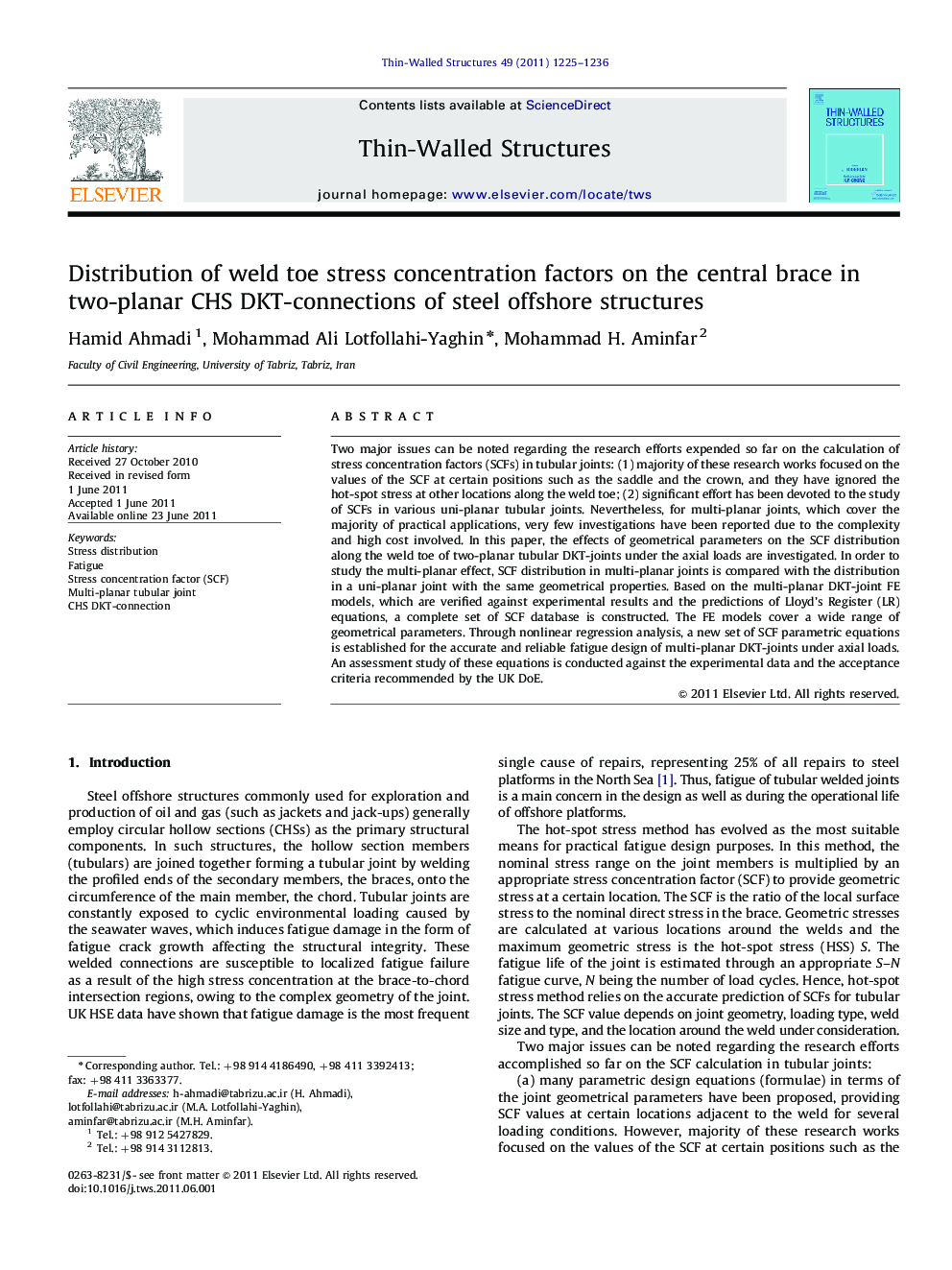 Distribution of weld toe stress concentration factors on the central brace in two-planar CHS DKT-connections of steel offshore structures