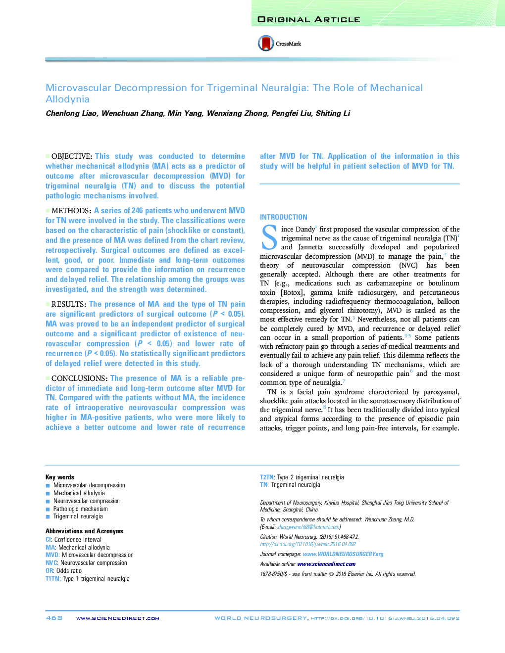 Microvascular Decompression for Trigeminal Neuralgia: The Role of Mechanical Allodynia 