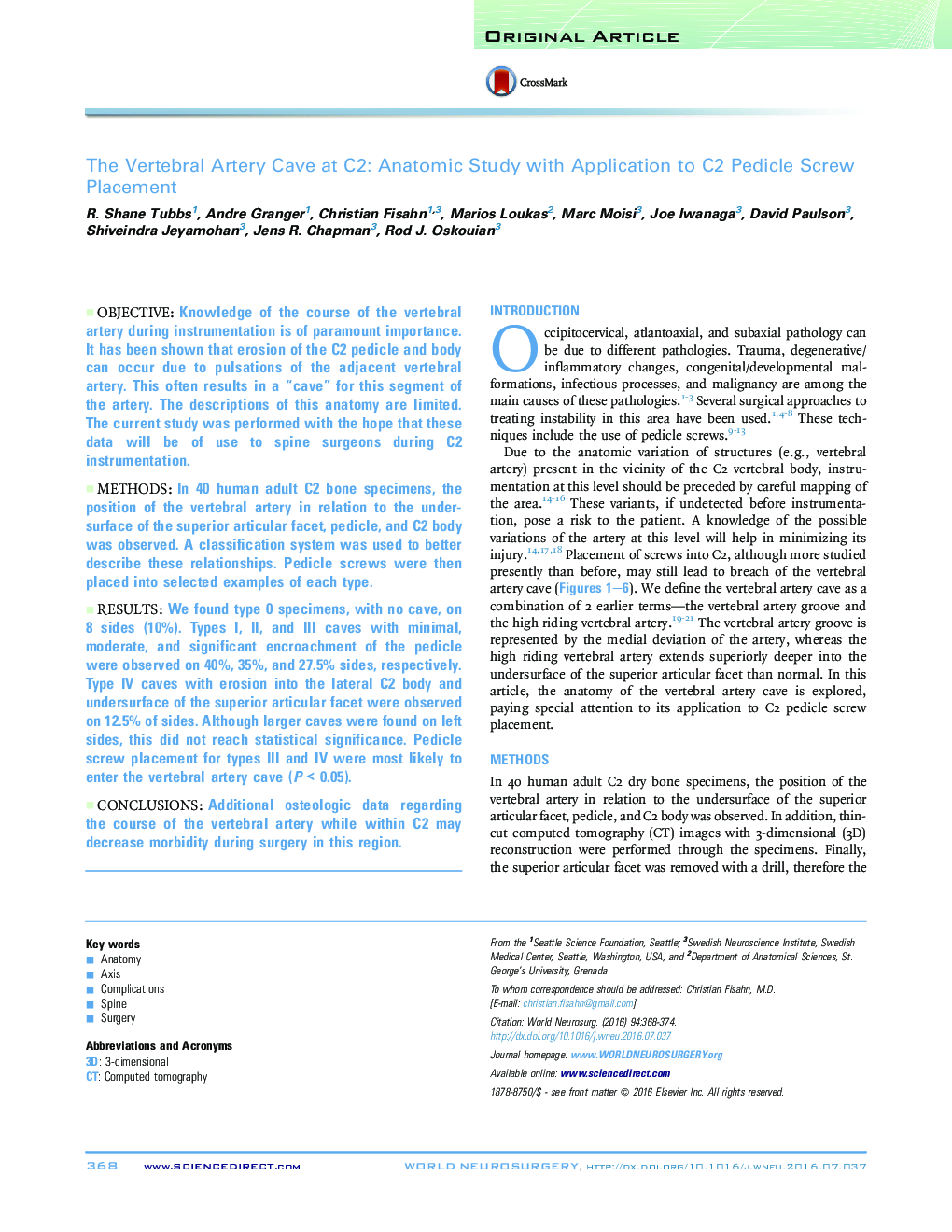 The Vertebral Artery Cave at C2: Anatomic Study with Application to C2 Pedicle Screw Placement 