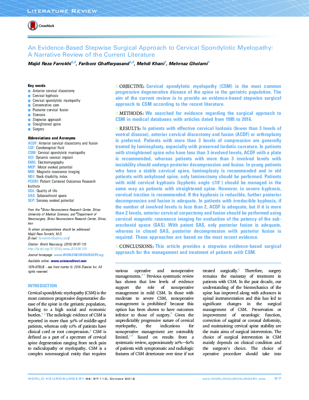 An Evidence-Based Stepwise Surgical Approach to Cervical Spondylotic Myelopathy: A Narrative Review of the Current Literature 