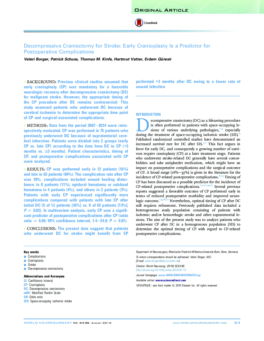 Decompressive Craniectomy for Stroke: Early Cranioplasty Is a Predictor for Postoperative Complications 