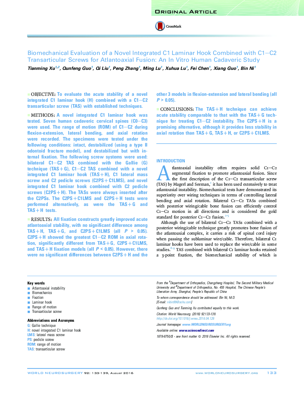 Biomechanical Evaluation of a Novel Integrated C1 Laminar Hook Combined with C1–C2 Transarticular Screws for Atlantoaxial Fusion: An In Vitro Human Cadaveric Study 