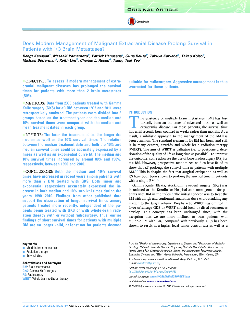 Does Modern Management of Malignant Extracranial Disease Prolong Survival in Patients with ≥3 Brain Metastases? 