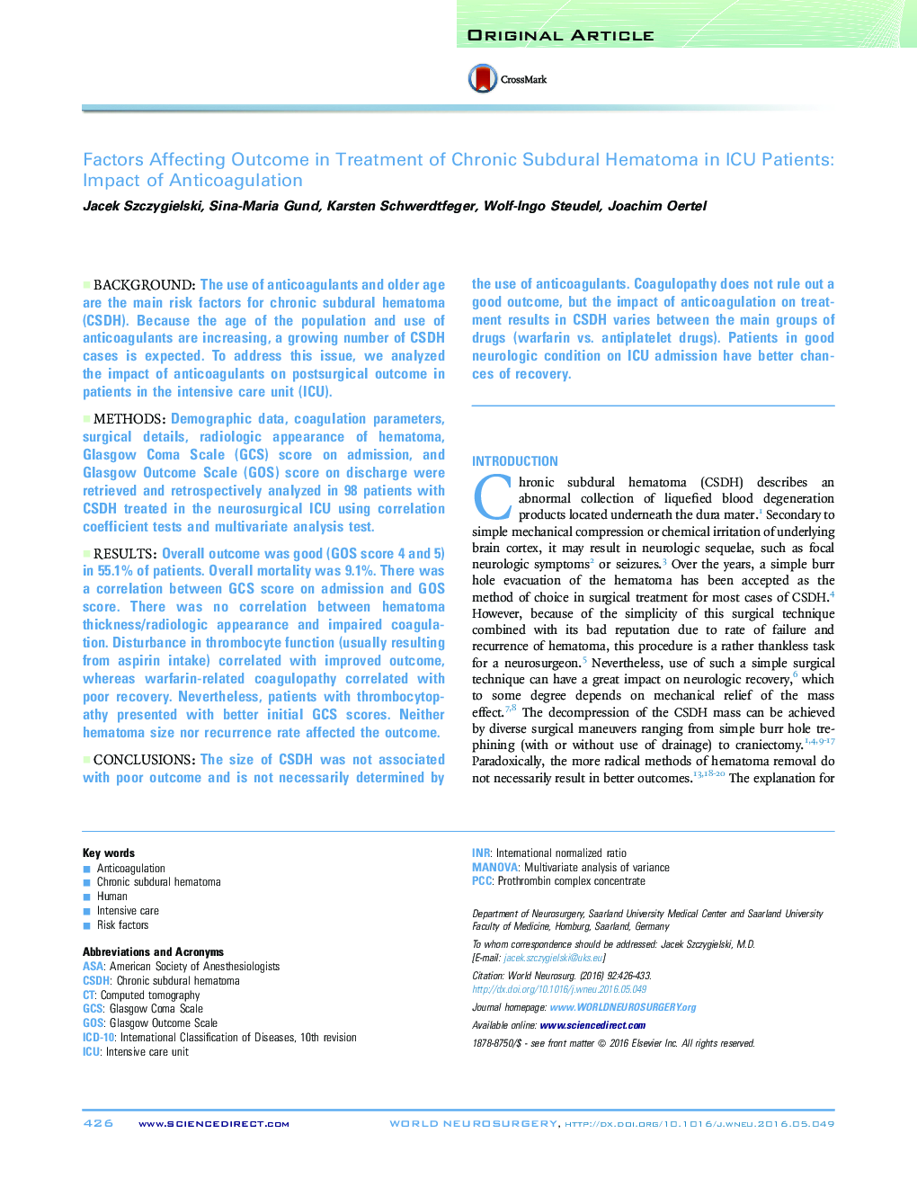 Factors Affecting Outcome in Treatment of Chronic Subdural Hematoma in ICU Patients: Impact of Anticoagulation 