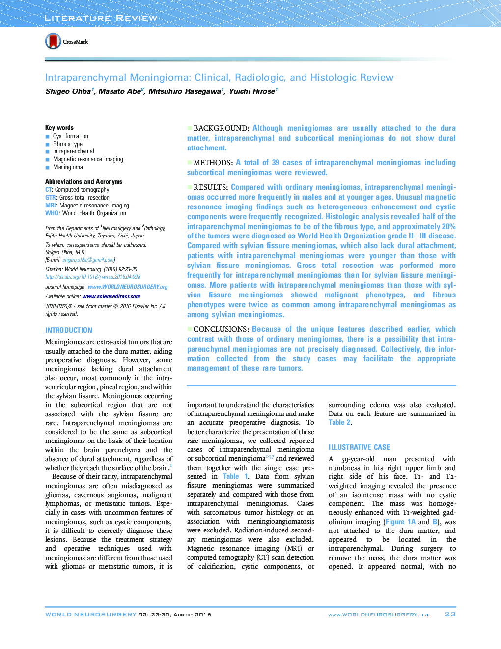 Intraparenchymal Meningioma: Clinical, Radiologic, and Histologic Review 