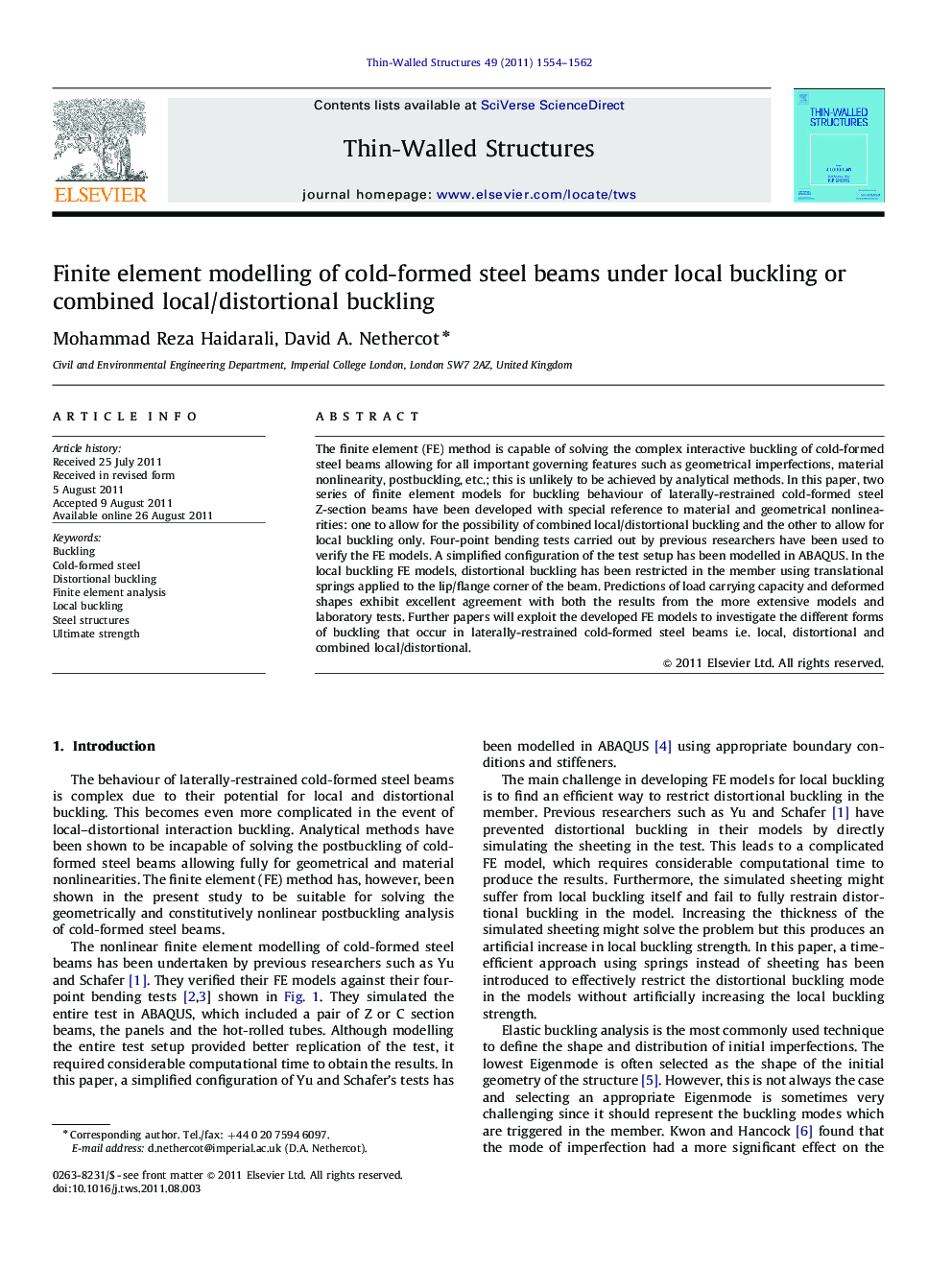 Finite element modelling of cold-formed steel beams under local buckling or combined local/distortional buckling