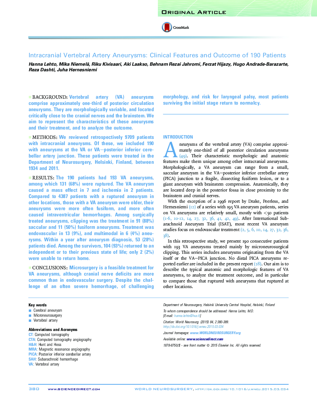 Intracranial Vertebral Artery Aneurysms: Clinical Features and Outcome of 190 Patients 