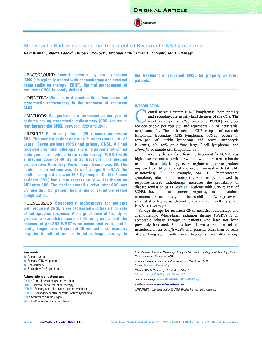 Stereotactic Radiosurgery in the Treatment of Recurrent CNS Lymphoma 