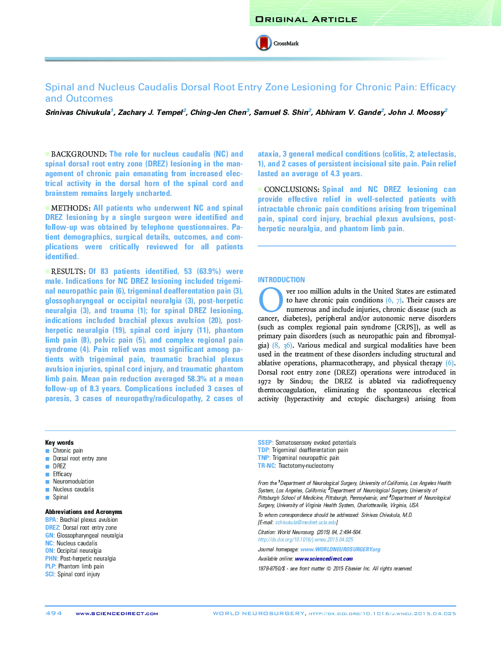 Spinal and Nucleus Caudalis Dorsal Root Entry Zone Lesioning for Chronic Pain: Efficacy and Outcomes