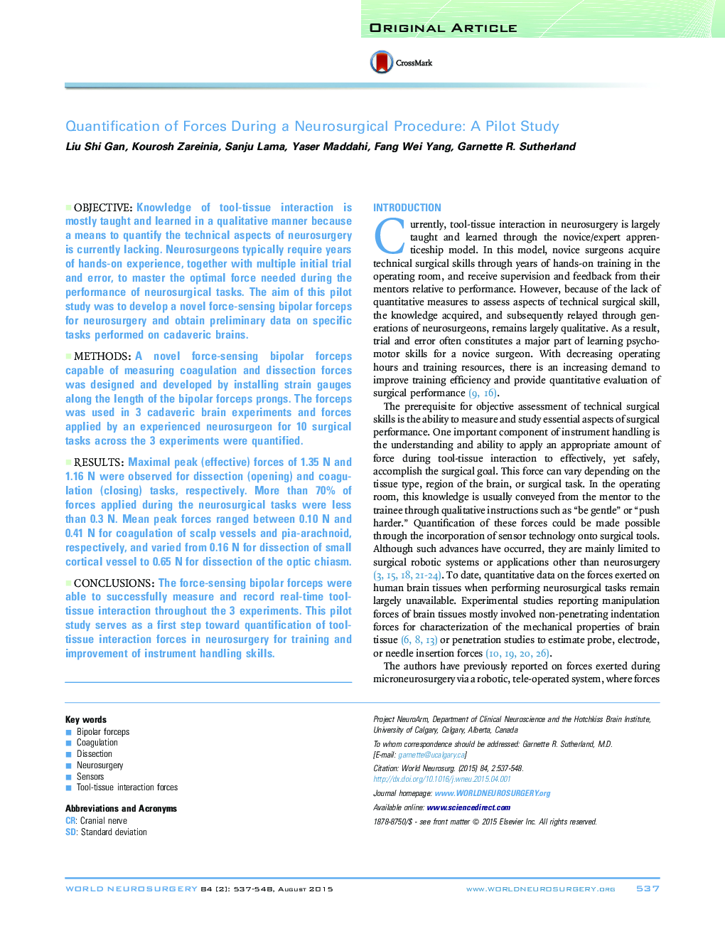 Quantification of Forces During a Neurosurgical Procedure: A Pilot Study 