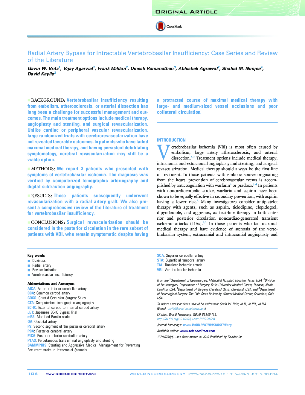 Radial Artery Bypass for Intractable Vertebrobasilar Insufficiency: Case Series and Review of the Literature 