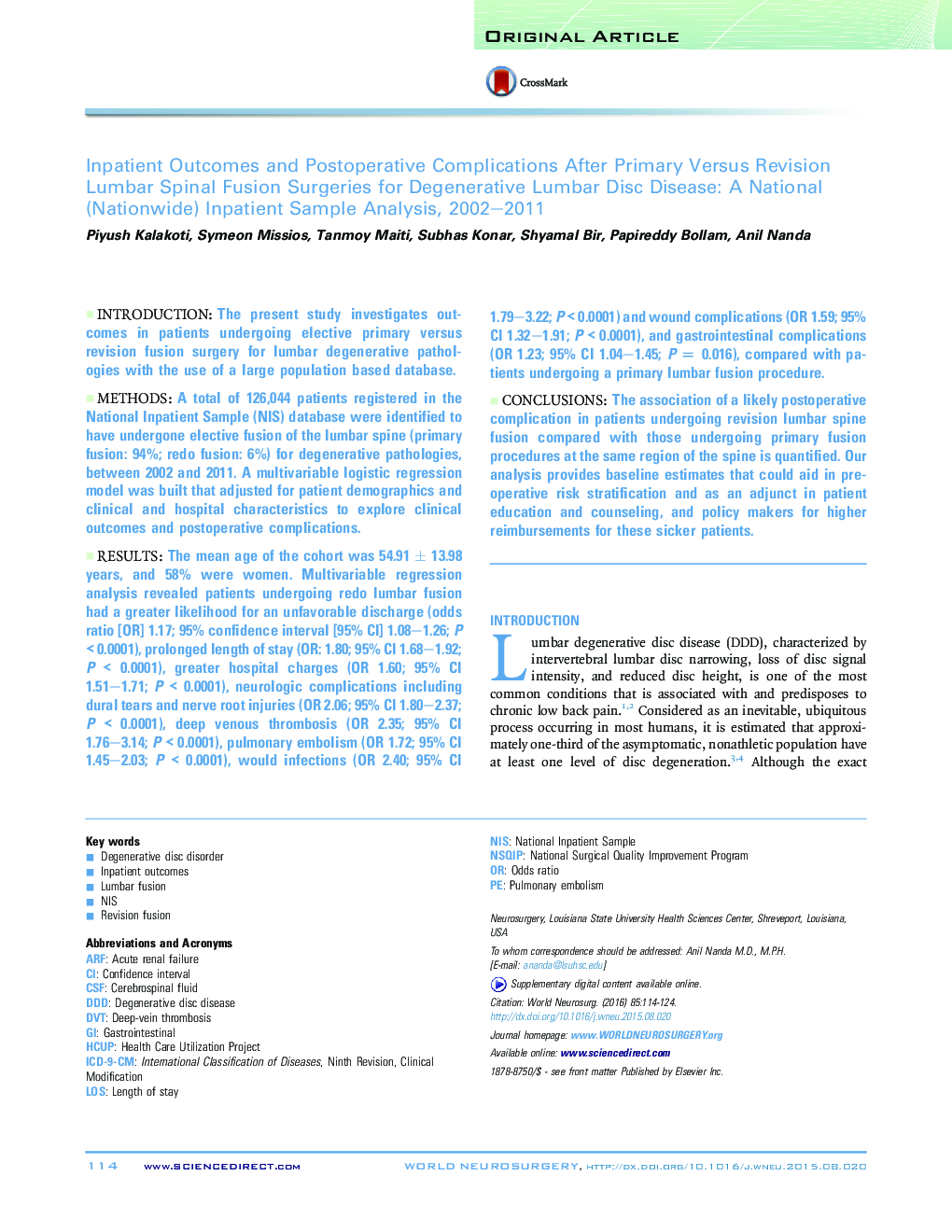 Inpatient Outcomes and Postoperative Complications After Primary Versus Revision Lumbar Spinal Fusion Surgeries for Degenerative Lumbar Disc Disease: A National (Nationwide) Inpatient Sample Analysis, 2002–2011 