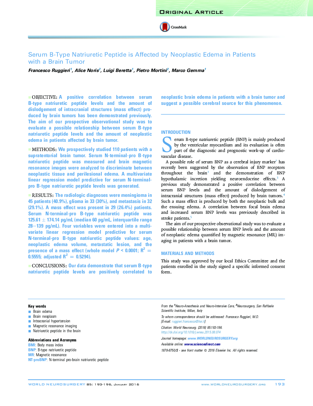 Serum B-Type Natriuretic Peptide is Affected by Neoplastic Edema in Patients with a Brain Tumor