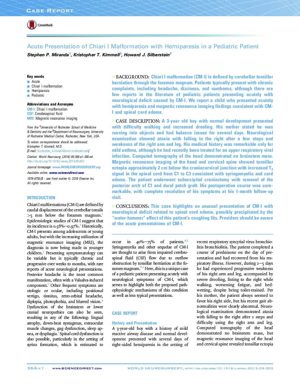 Acute Presentation of Chiari I Malformation with Hemiparesis in a Pediatric Patient