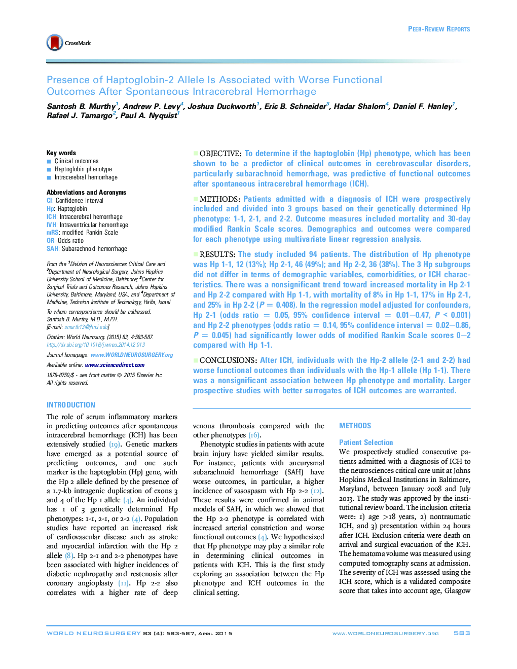 Presence of Haptoglobin-2 Allele Is Associated with Worse Functional Outcomes After Spontaneous Intracerebral Hemorrhage 