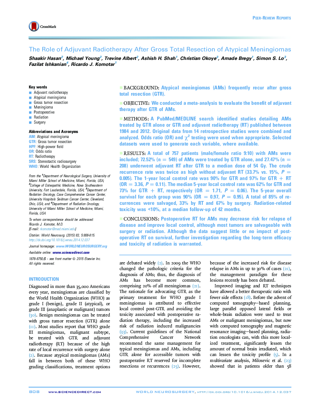 The Role of Adjuvant Radiotherapy After Gross Total Resection of Atypical Meningiomas 