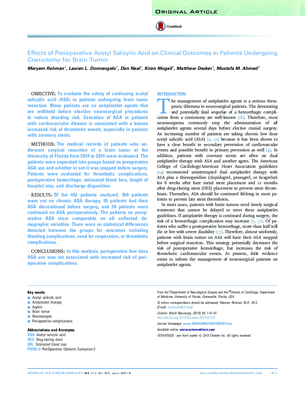 Effects of Perioperative Acetyl Salicylic Acid on Clinical Outcomes in Patients Undergoing Craniotomy for Brain Tumor 