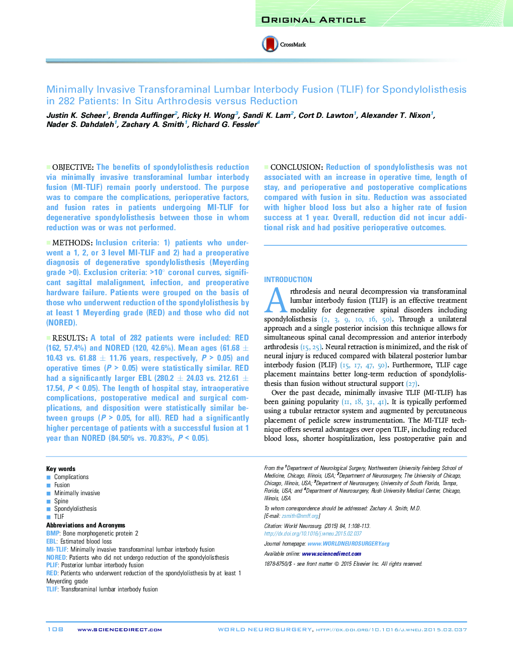 Minimally Invasive Transforaminal Lumbar Interbody Fusion (TLIF) for Spondylolisthesis in 282 Patients: In Situ Arthrodesis versus Reduction