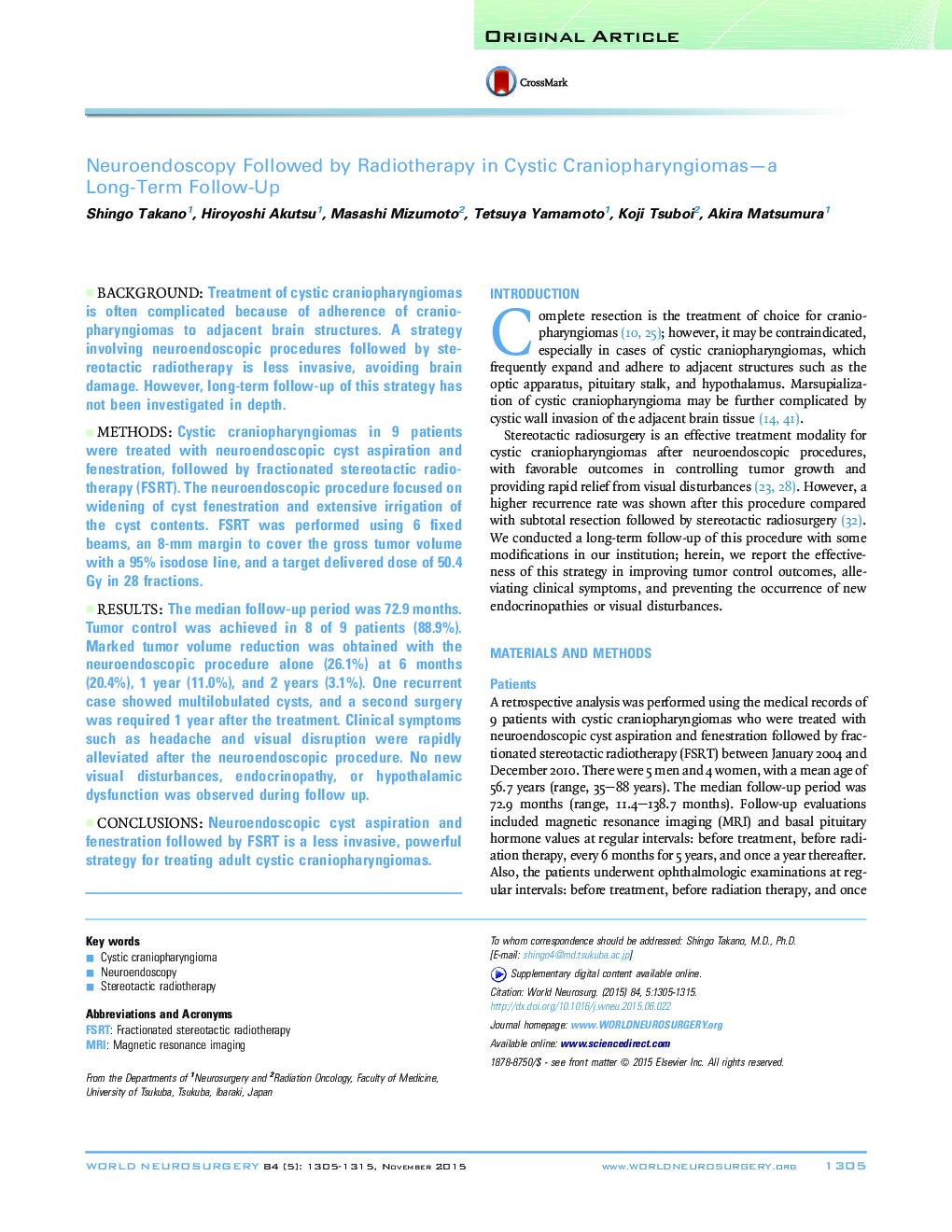 Neuroendoscopy Followed by Radiotherapy in Cystic Craniopharyngiomas-a Long-Term Follow-Up