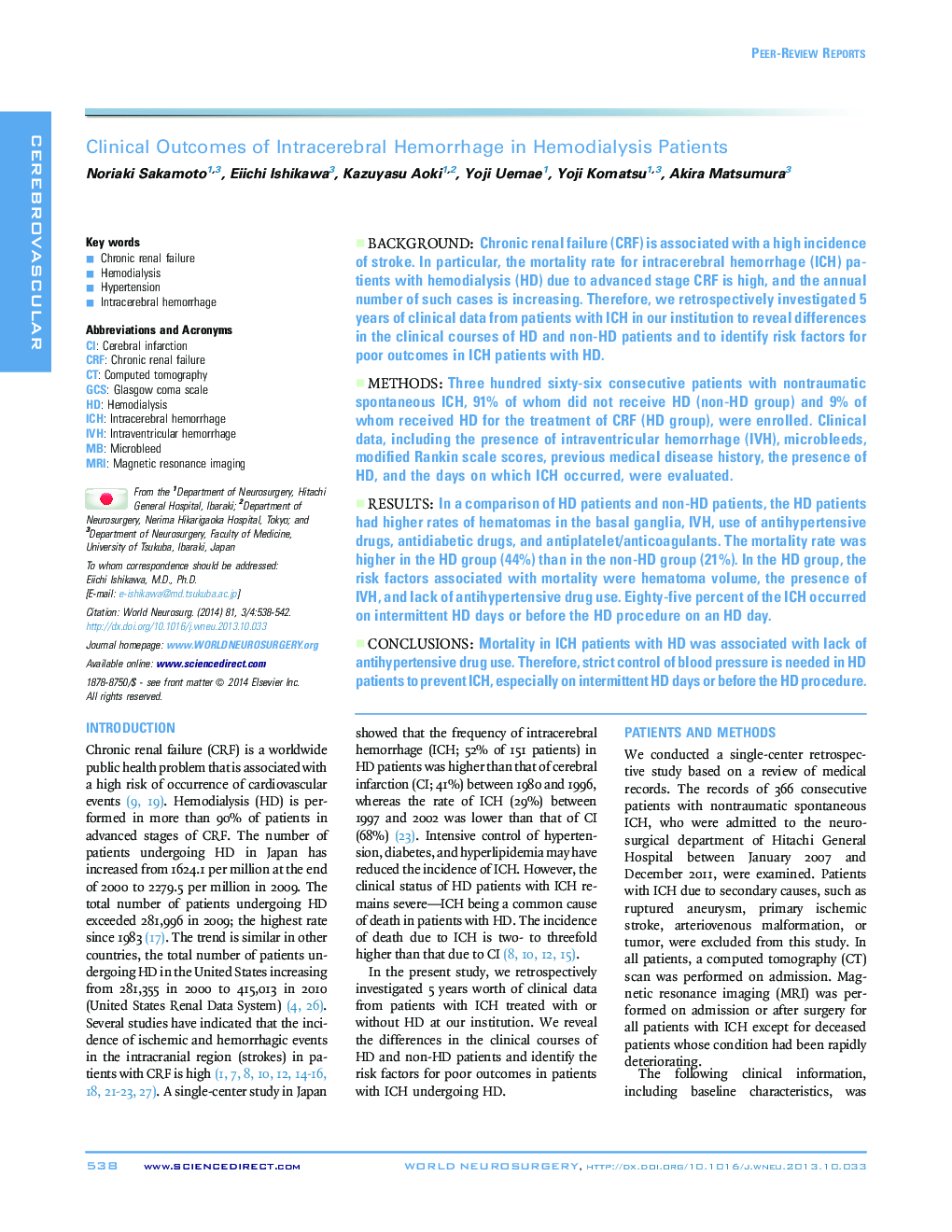 Clinical Outcomes of Intracerebral Hemorrhage in Hemodialysis Patients 