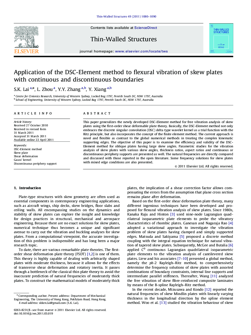 Application of the DSC-Element method to flexural vibration of skew plates with continuous and discontinuous boundaries