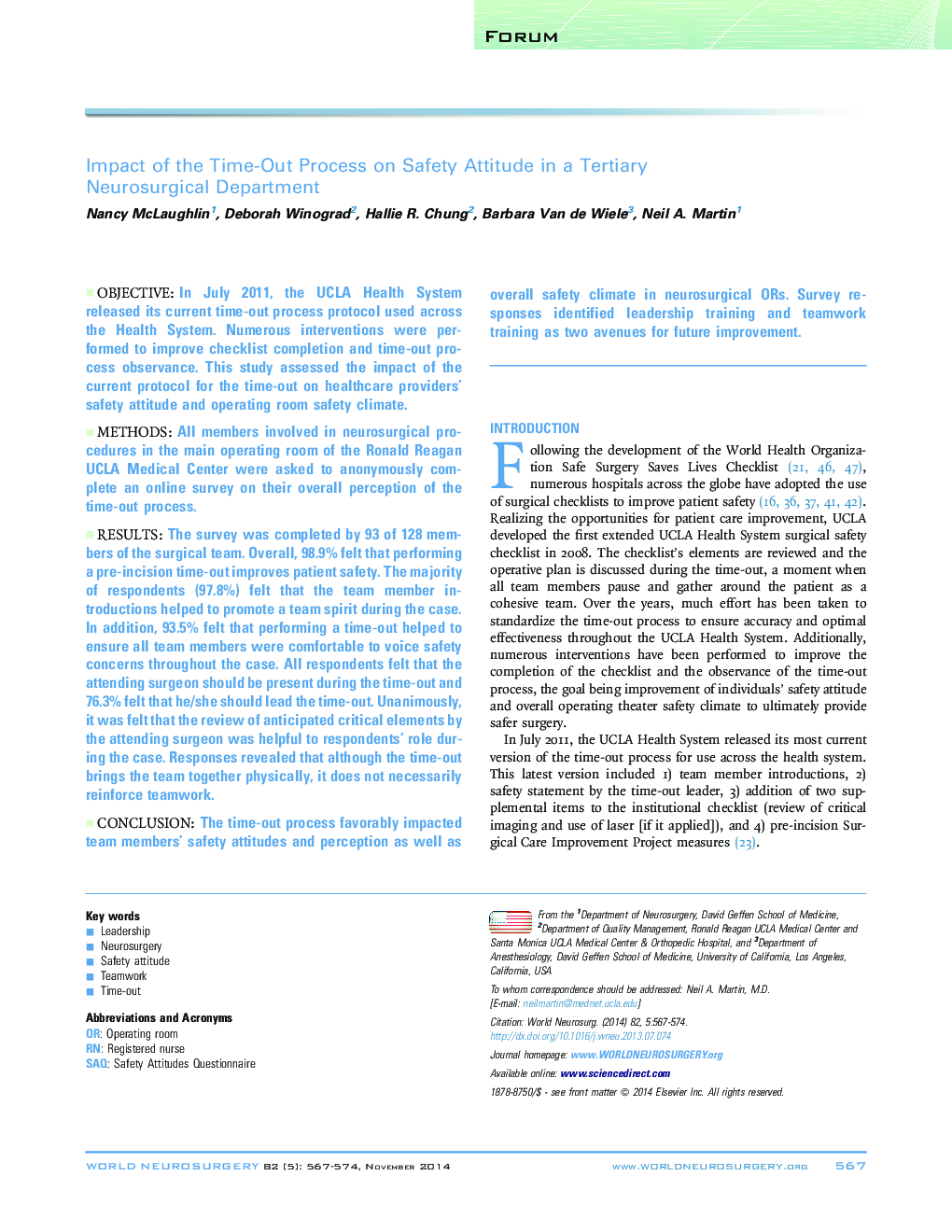 Impact of the Time-Out Process on Safety Attitude in a Tertiary Neurosurgical Department 