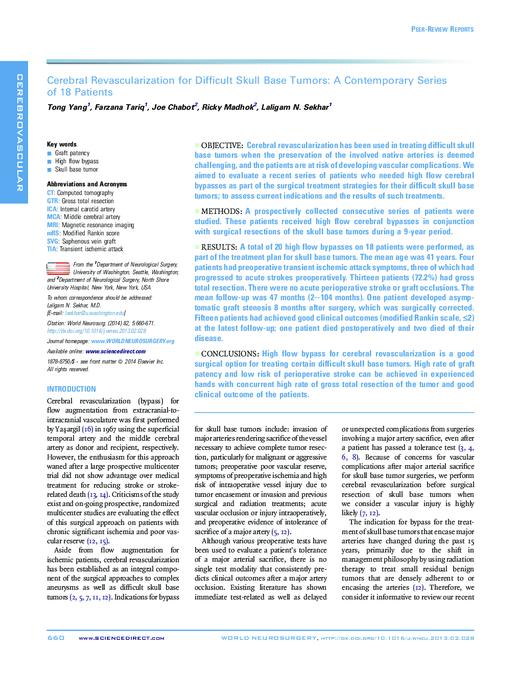 Cerebral Revascularization for Difficult Skull Base Tumors: A Contemporary Series of 18 Patients 