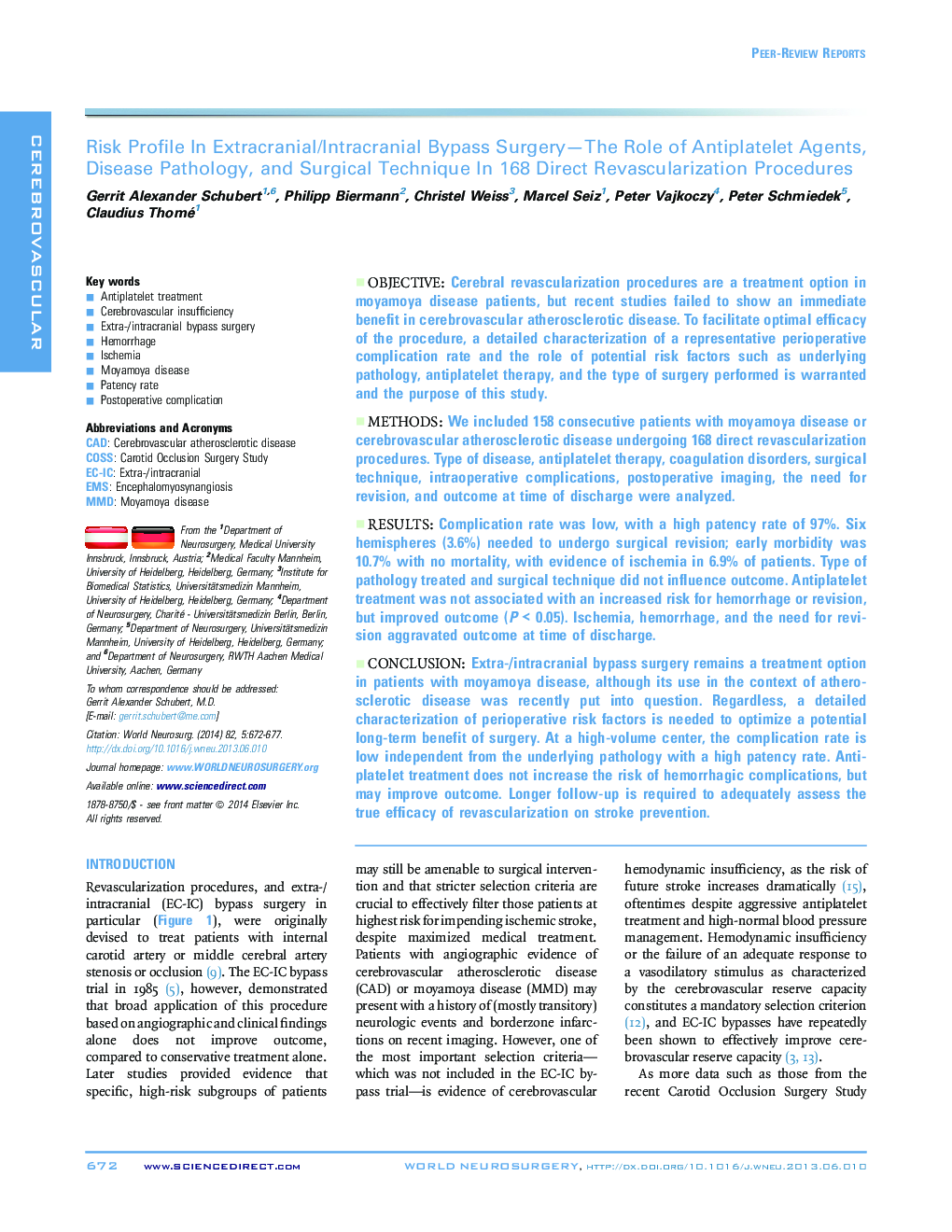 Risk Profile In Extracranial/Intracranial Bypass Surgery—The Role of Antiplatelet Agents, Disease Pathology, and Surgical Technique In 168 Direct Revascularization Procedures 