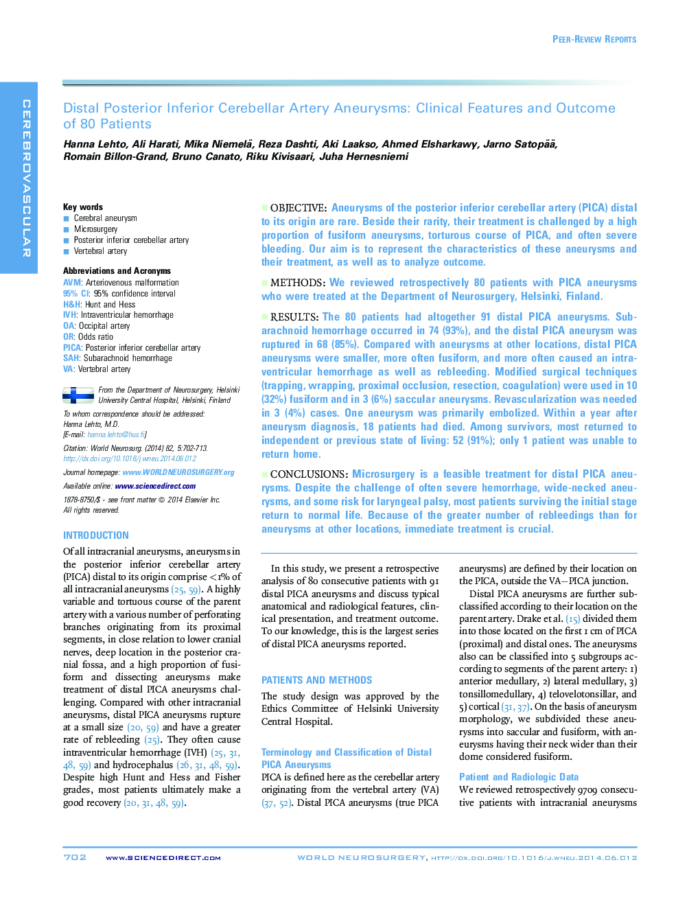 Distal Posterior Inferior Cerebellar Artery Aneurysms: Clinical Features and Outcome of 80 Patients 