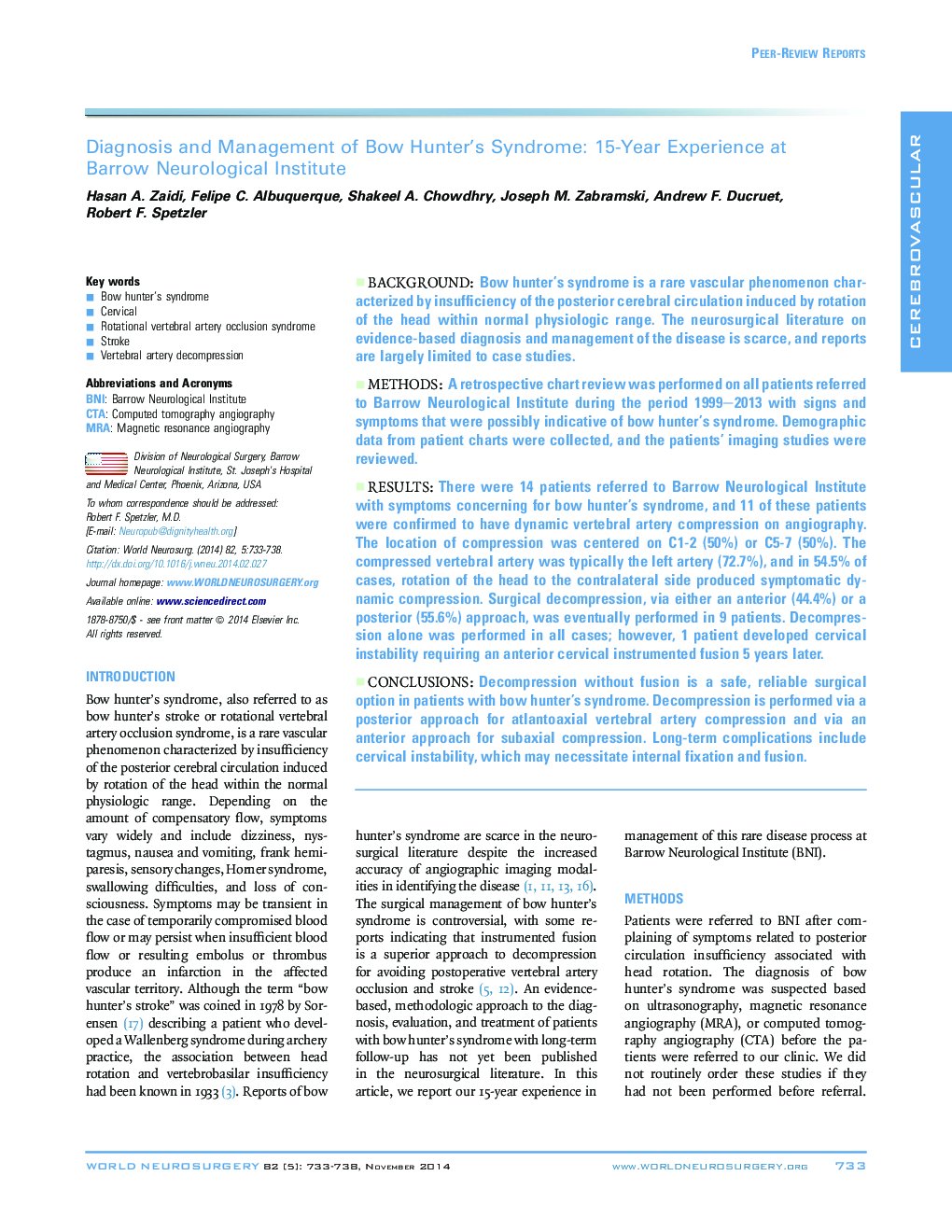 Diagnosis and Management of Bow Hunter's Syndrome: 15-Year Experience at Barrow Neurological Institute 