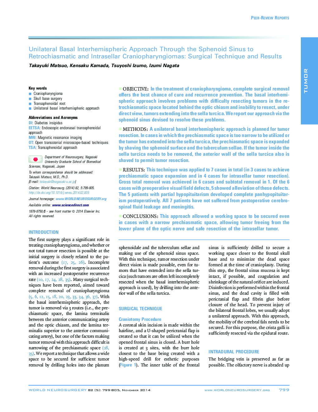 Unilateral Basal Interhemispheric Approach Through the Sphenoid Sinus to Retrochiasmatic and Intrasellar Craniopharyngiomas: Surgical Technique and Results 