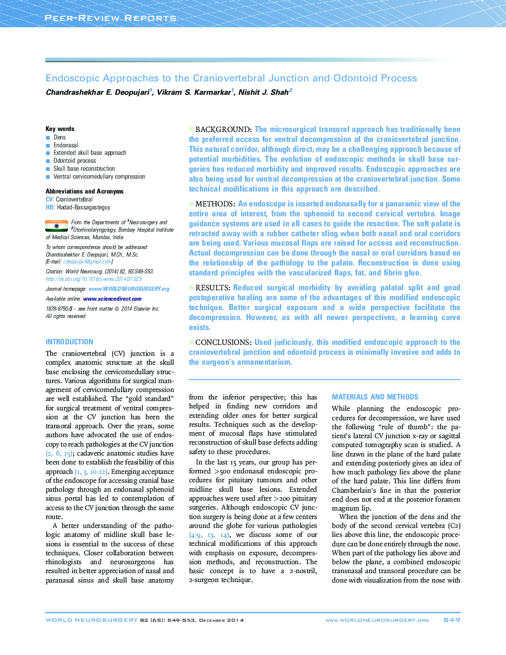 Endoscopic Approaches to the Craniovertebral Junction and Odontoid Process 