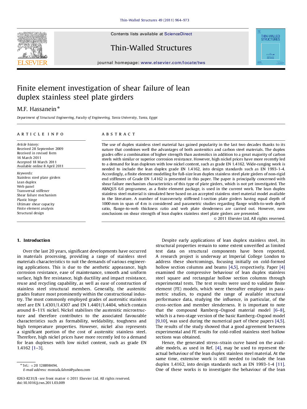 Finite element investigation of shear failure of lean duplex stainless steel plate girders