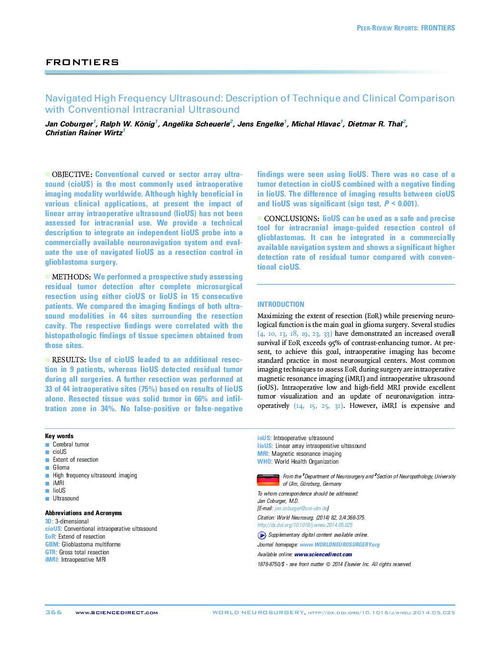 Navigated High Frequency Ultrasound: Description of Technique and Clinical Comparison with Conventional Intracranial Ultrasound 