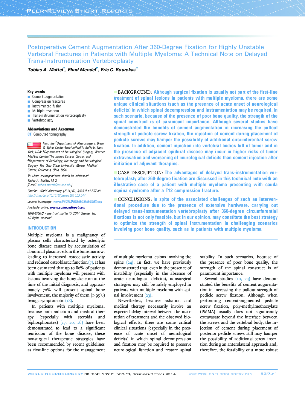 Postoperative Cement Augmentation After 360-Degree Fixation for Highly Unstable Vertebral Fractures in Patients with Multiple Myeloma: A Technical Note on Delayed Trans-Instrumentation Vertebroplasty