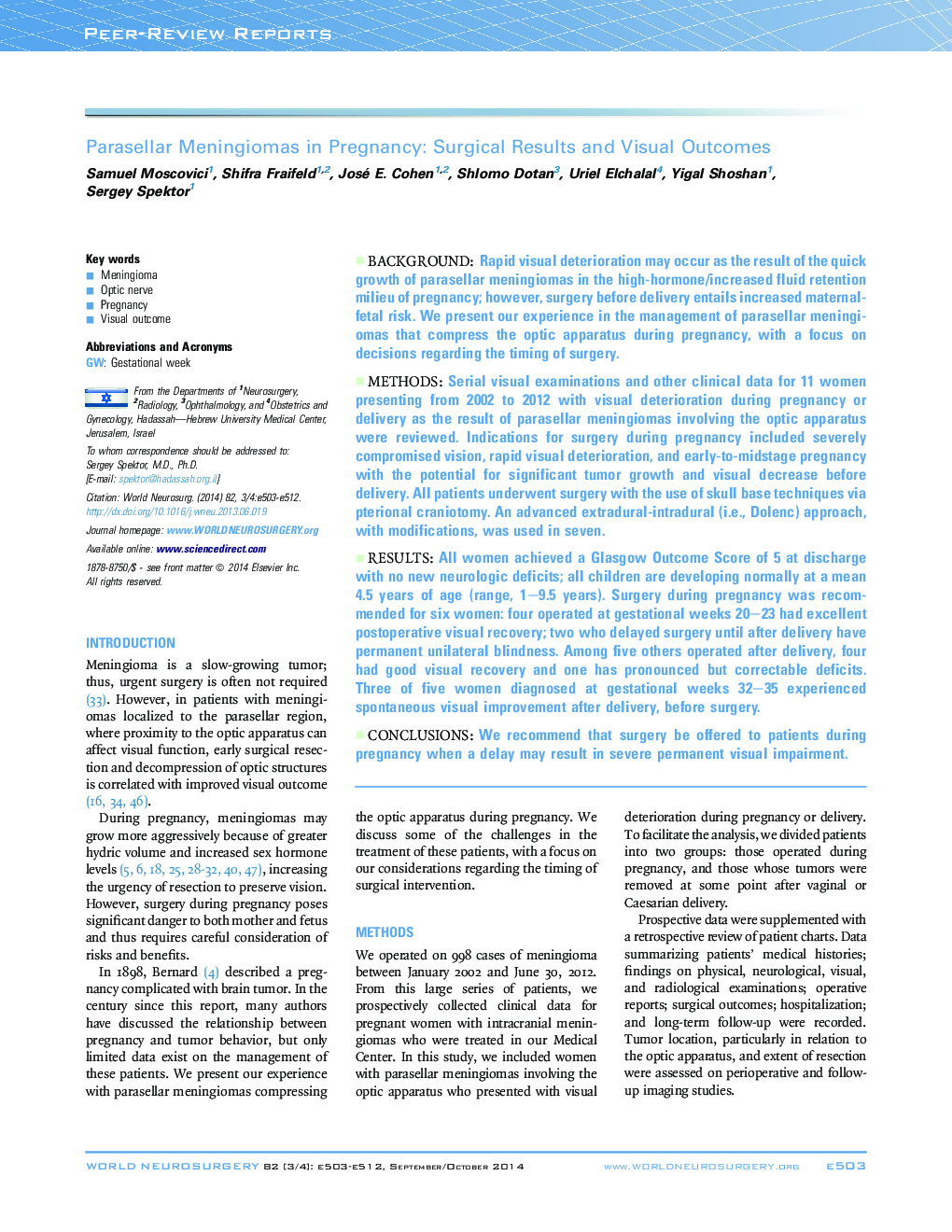 Parasellar Meningiomas in Pregnancy: Surgical Results and Visual Outcomes 