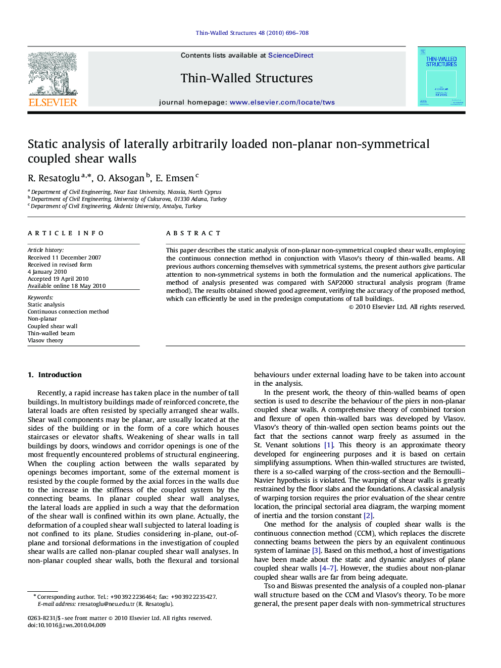 Static analysis of laterally arbitrarily loaded non-planar non-symmetrical coupled shear walls
