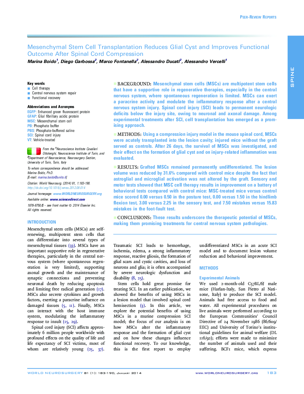 Mesenchymal Stem Cell Transplantation Reduces Glial Cyst and Improves Functional Outcome After Spinal Cord Compression 