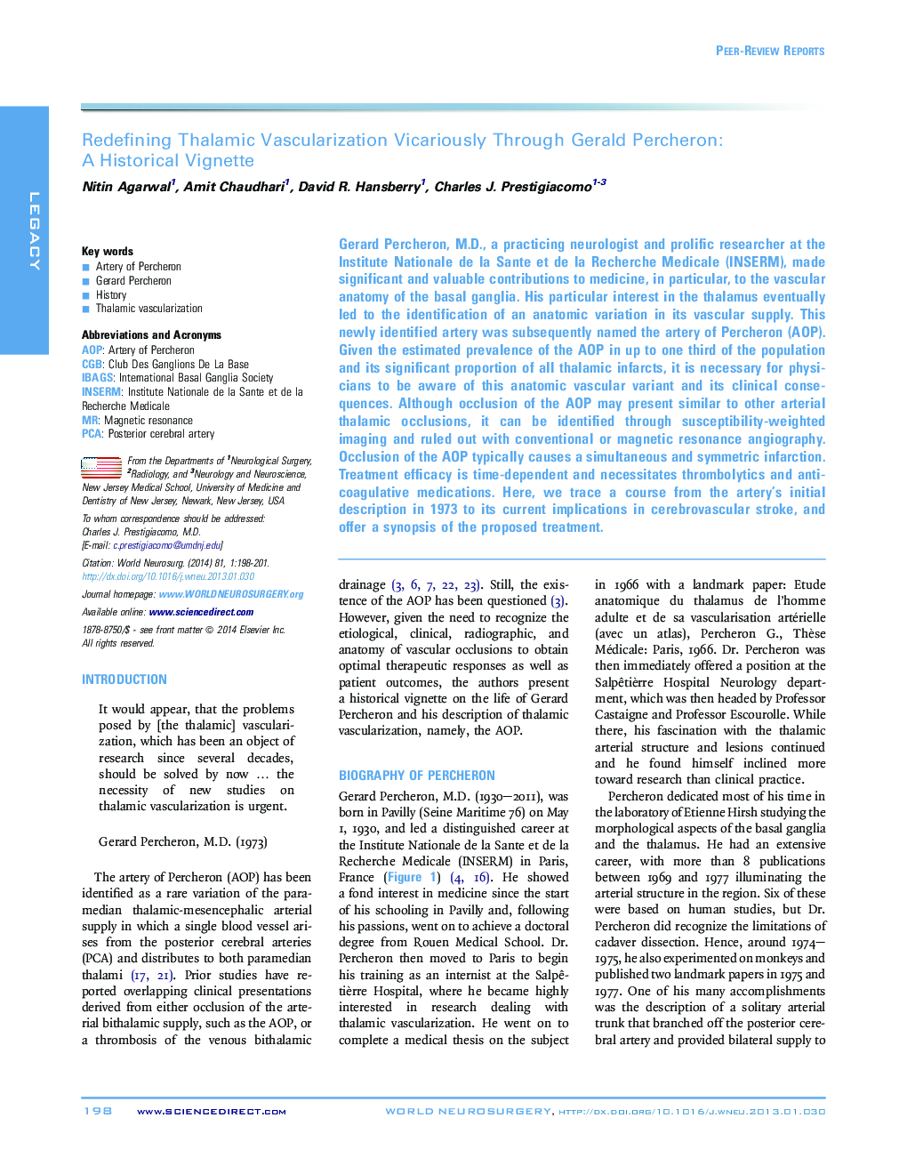 Redefining Thalamic Vascularization Vicariously Through Gerald Percheron: A Historical Vignette 