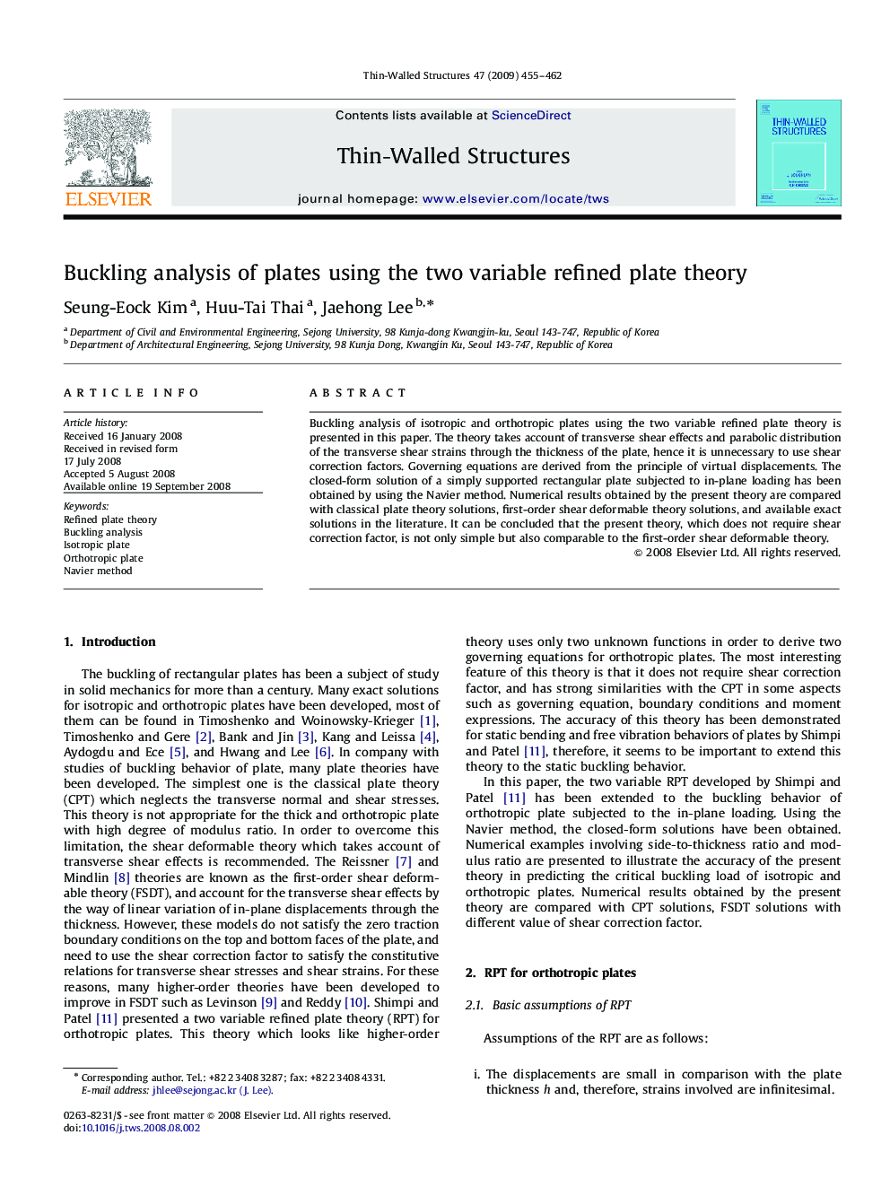 Buckling analysis of plates using the two variable refined plate theory