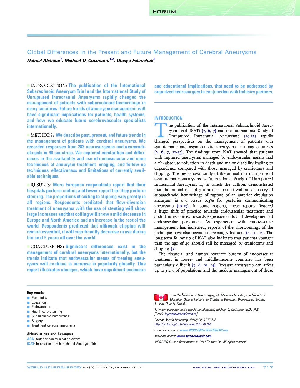 Global Differences in the Present and Future Management of Cerebral Aneurysms