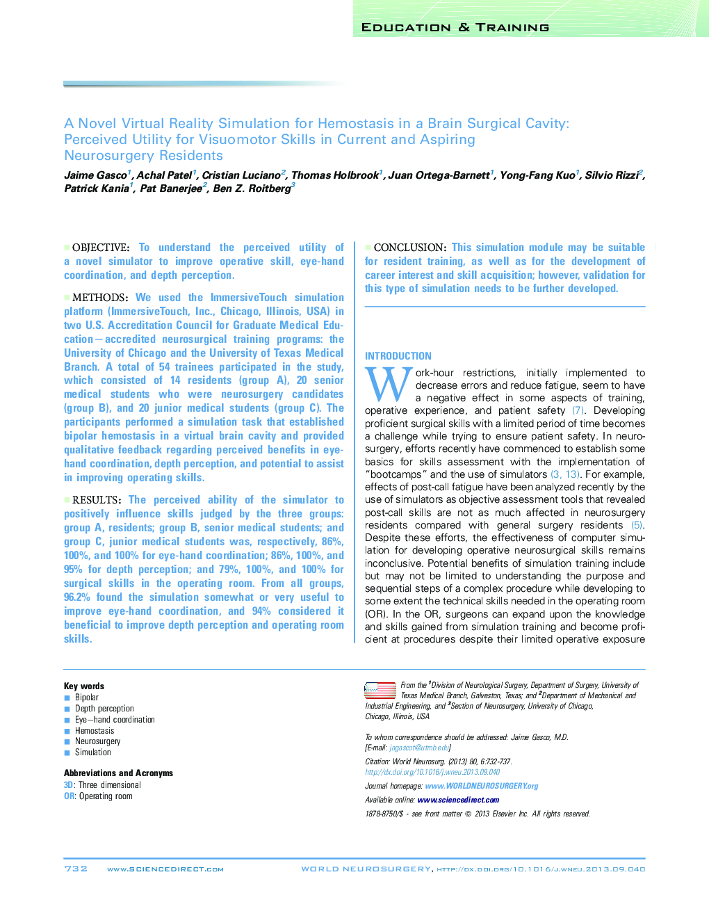 A Novel Virtual Reality Simulation for Hemostasis in a Brain Surgical Cavity: Perceived Utility for Visuomotor Skills in Current and Aspiring Neurosurgery Residents