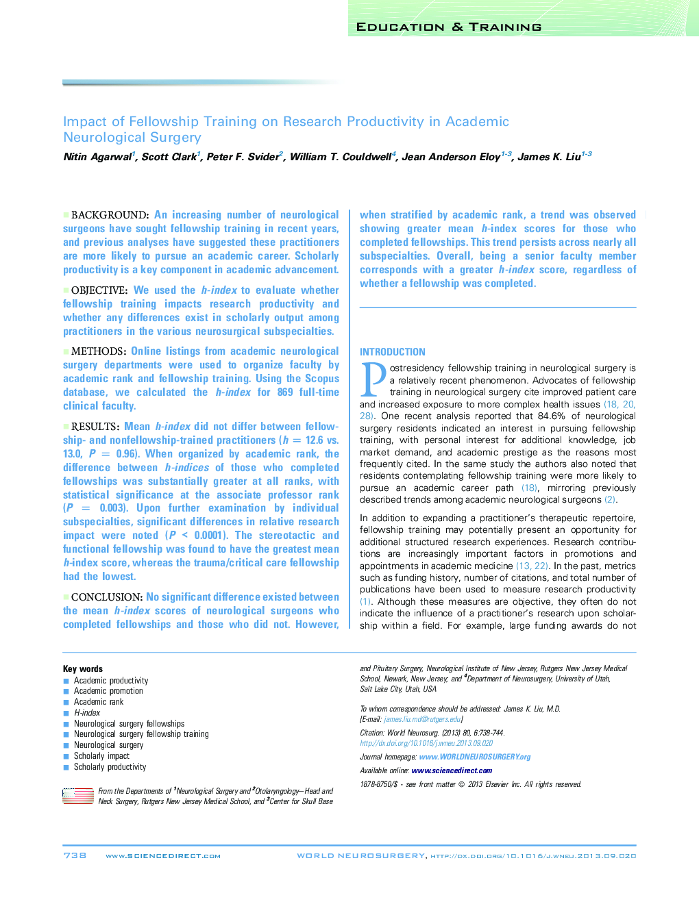 Impact of Fellowship Training on Research Productivity in Academic Neurological Surgery 