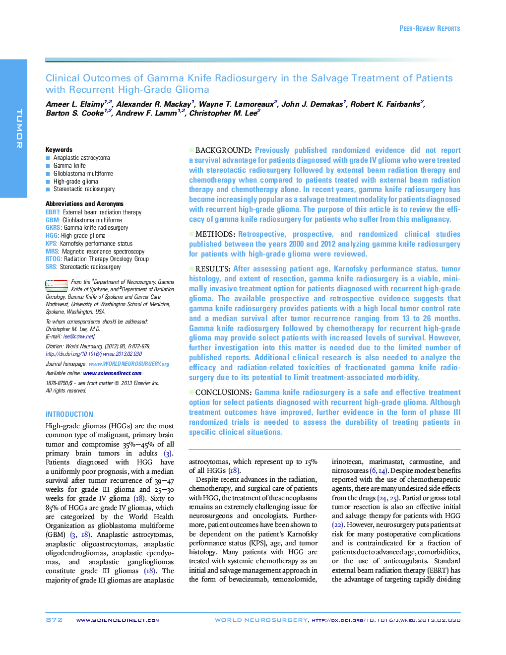 Clinical Outcomes of Gamma Knife Radiosurgery in the Salvage Treatment of Patients with Recurrent High-Grade Glioma 