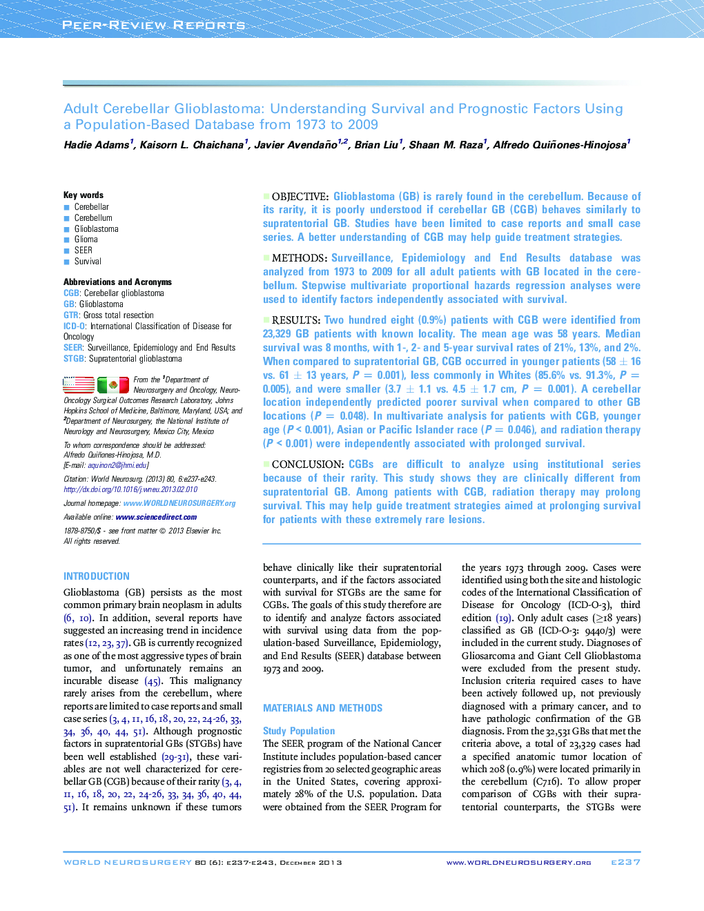 Adult Cerebellar Glioblastoma: Understanding Survival and Prognostic Factors Using a Population-Based Database from 1973 to 2009 